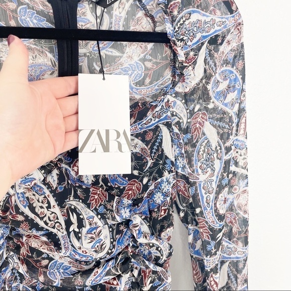 Zara Paisley Print Ruched Mini Dress XS Blue Black Casual Cocktail Party - Picture 8 of 11